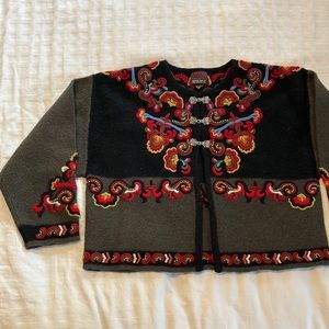 Vrikke Black Red Norwegian 100% Wool Embroidered Cardigan Sweater